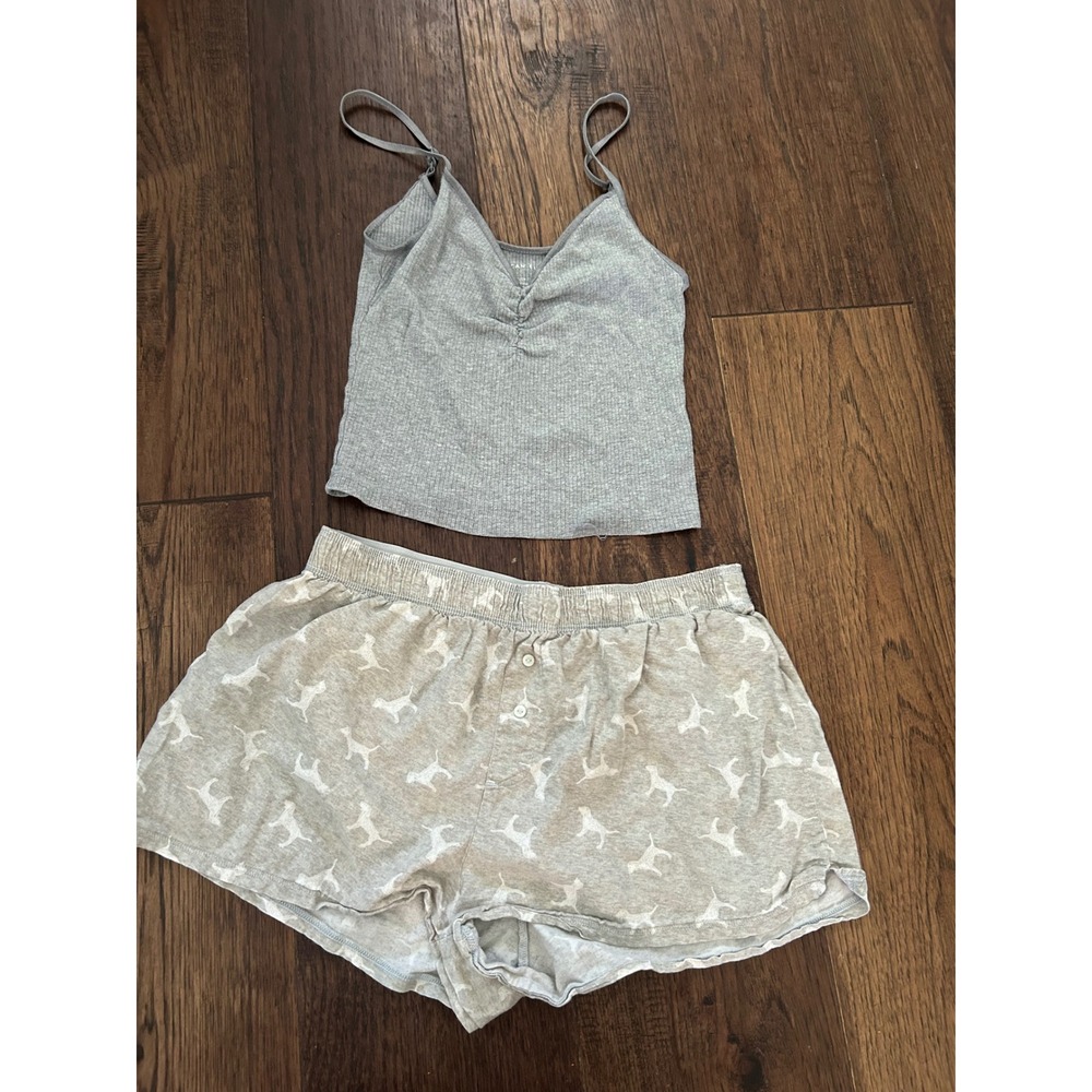 American Eagle Ribbed Cami & Victoria's Secret PINK Pajama Shorts Set Grey Small